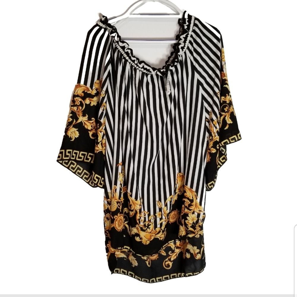Ashley Stewart Top Women's 18/20 Off Shoulder Peasant Blouse Striped Floral New